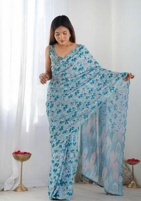 Sky Blue Printed Chinon Saree Set