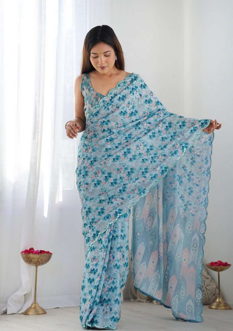 Sky Blue Chinon Saree Set with Printed for Diwali | Wedding & Festive Wear - Indya