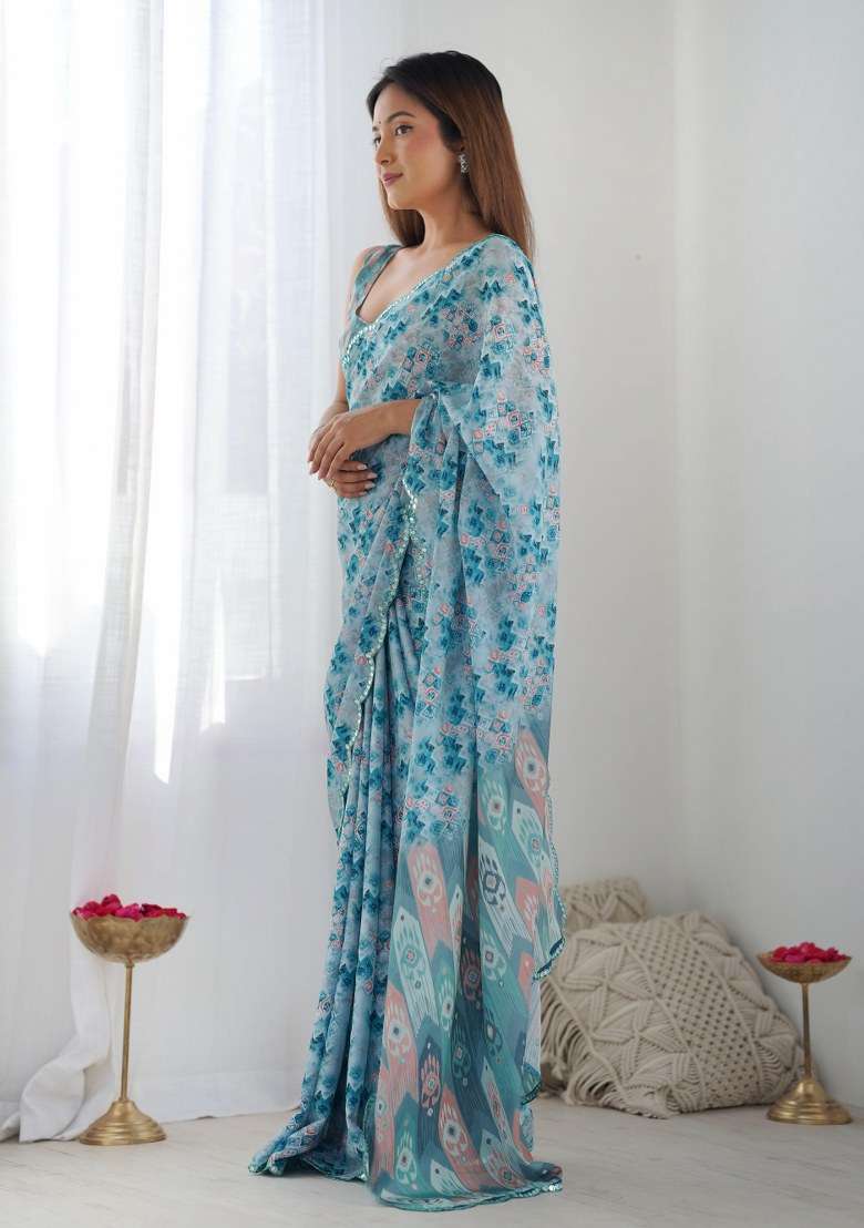 Sky Blue Chinon Saree Set with Printed for Diwali | Wedding & Festive Wear - Indya