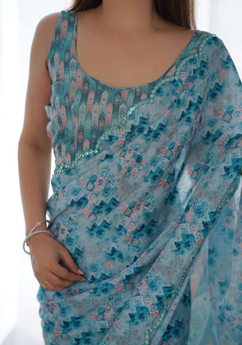 Sky Blue Chinon Saree Set with Printed for Diwali | Wedding & Festive Wear - Indya