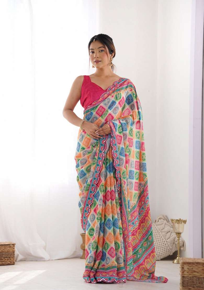 Multicolor Chinon Saree Set with Printed for Diwali | Wedding & Festive Wear - Indya