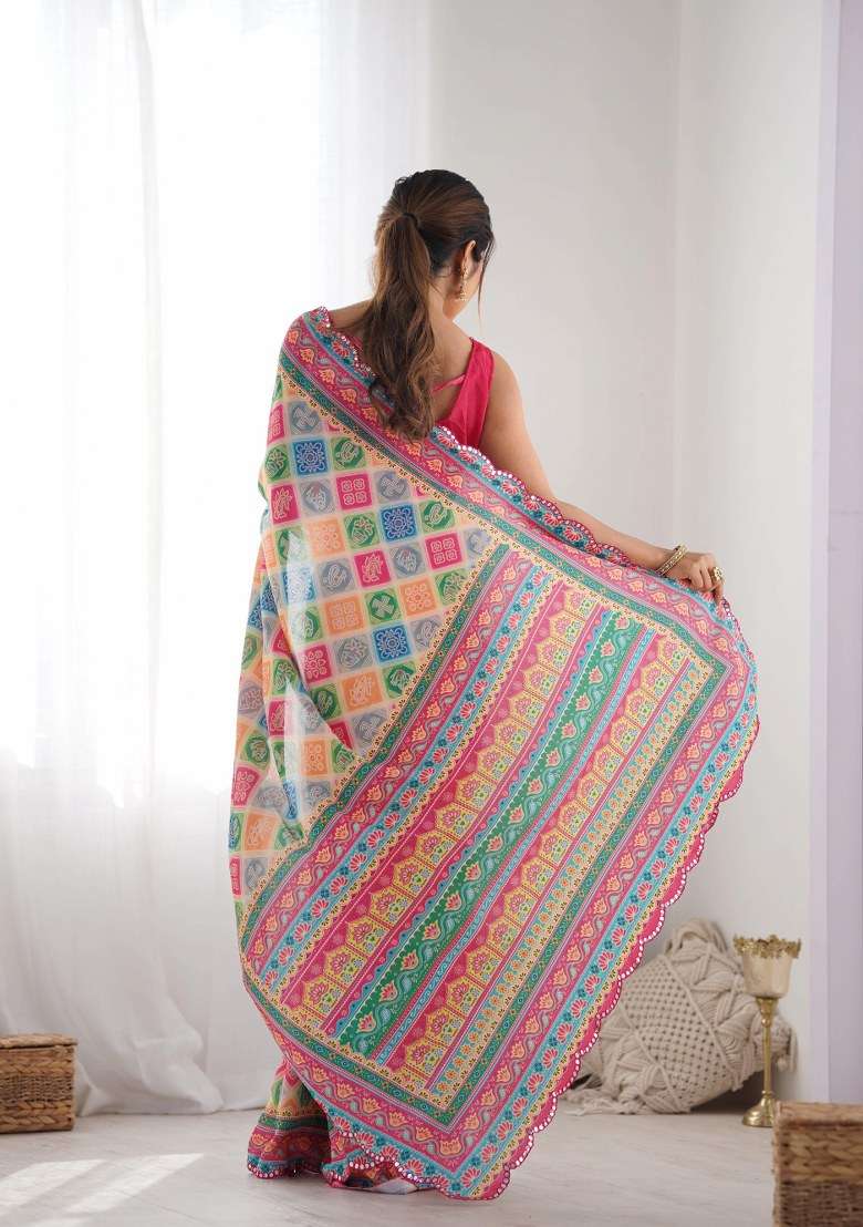 Multicolor Chinon Saree Set with Printed for Diwali | Wedding & Festive Wear - Indya