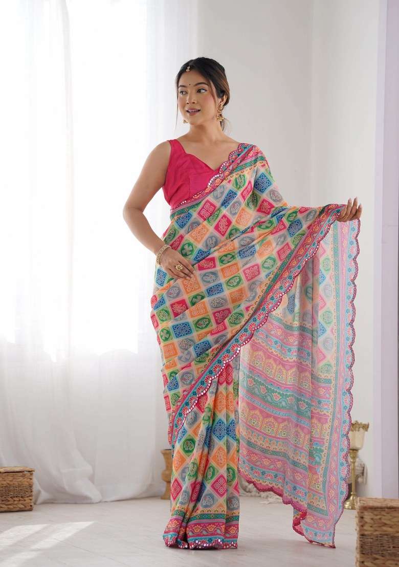 Multicolor Chinon Saree Set with Printed for Diwali | Wedding & Festive Wear - Indya
