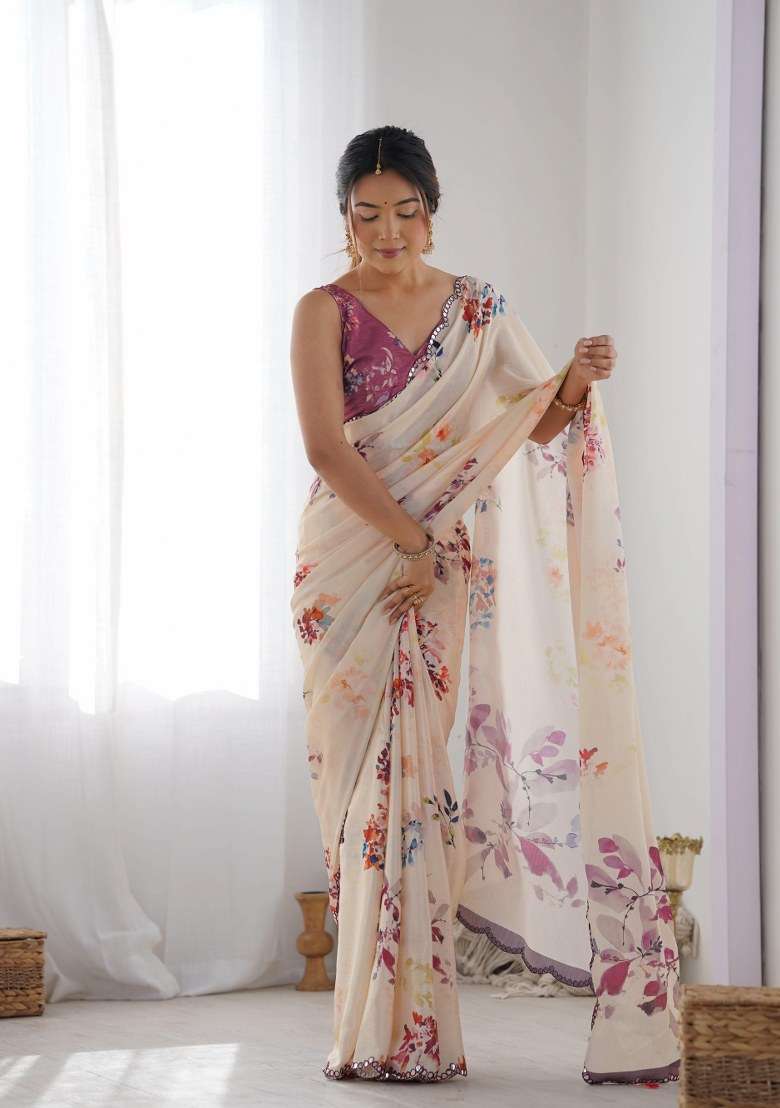 Cream Chinon Saree Set with Printed for Diwali | Wedding & Festive Wear - Indya