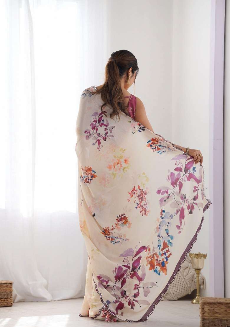 Cream Chinon Saree Set with Printed for Diwali | Wedding & Festive Wear - Indya