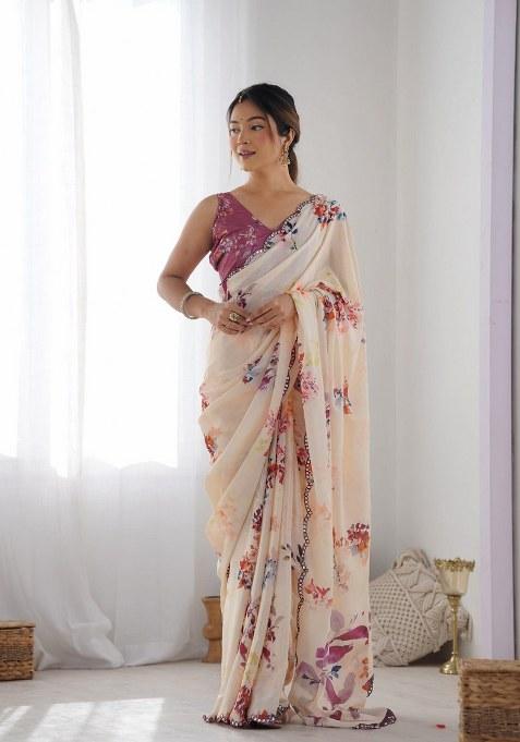 Cream Printed Chinon Saree Set