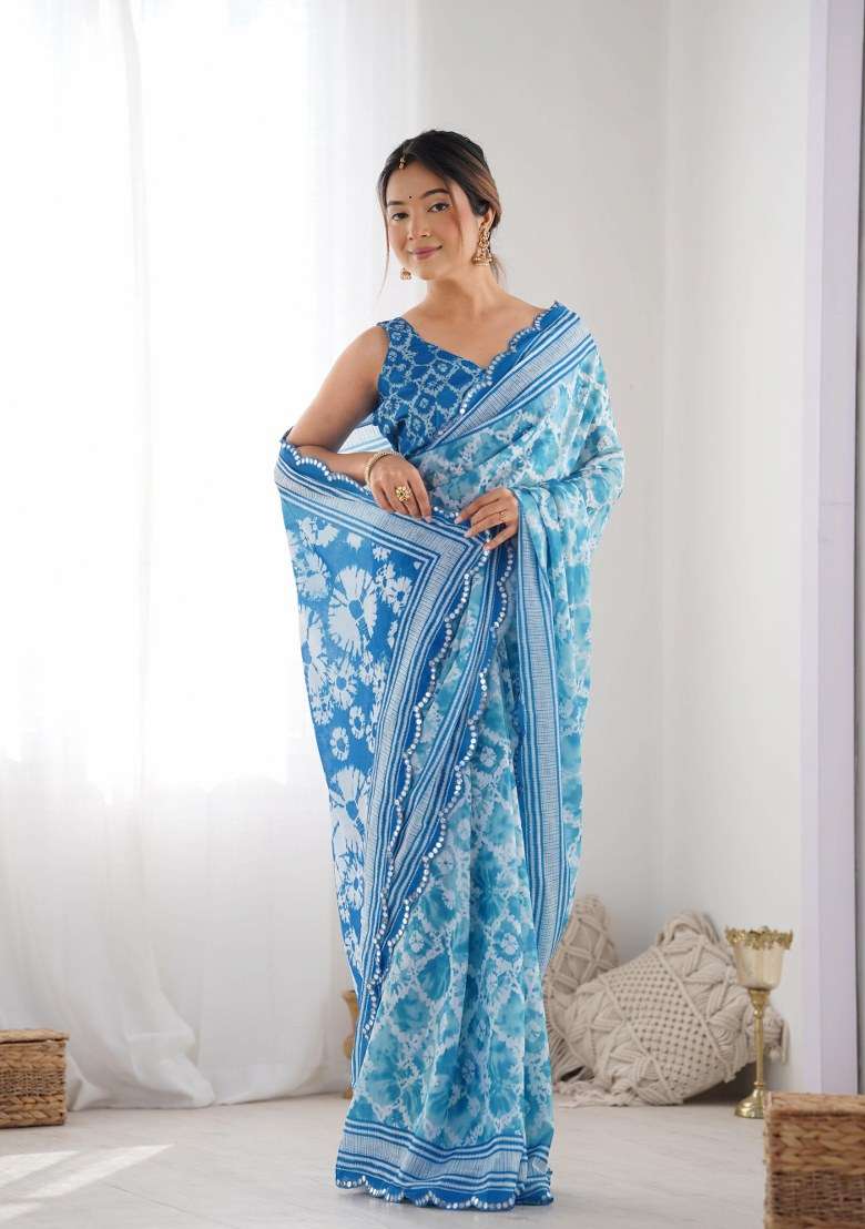 Sky Blue Printed Chinon Saree Set for Diwali and Festive Wear - Indya