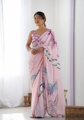 Pink Printed Chinon Saree Set