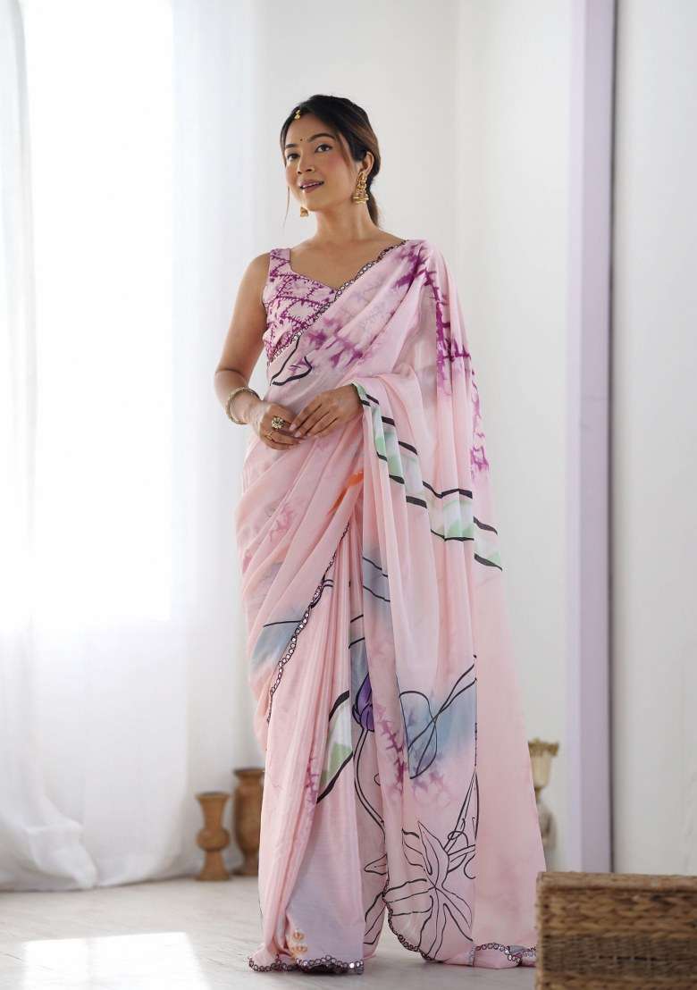 Pink Chinon Saree Set with Printed for Diwali | Wedding & Festive Wear - Indya