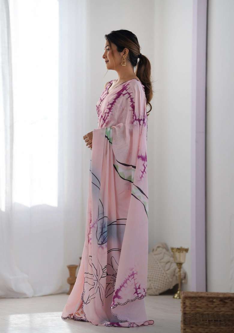 Pink Chinon Saree Set with Printed for Diwali | Wedding & Festive Wear - Indya