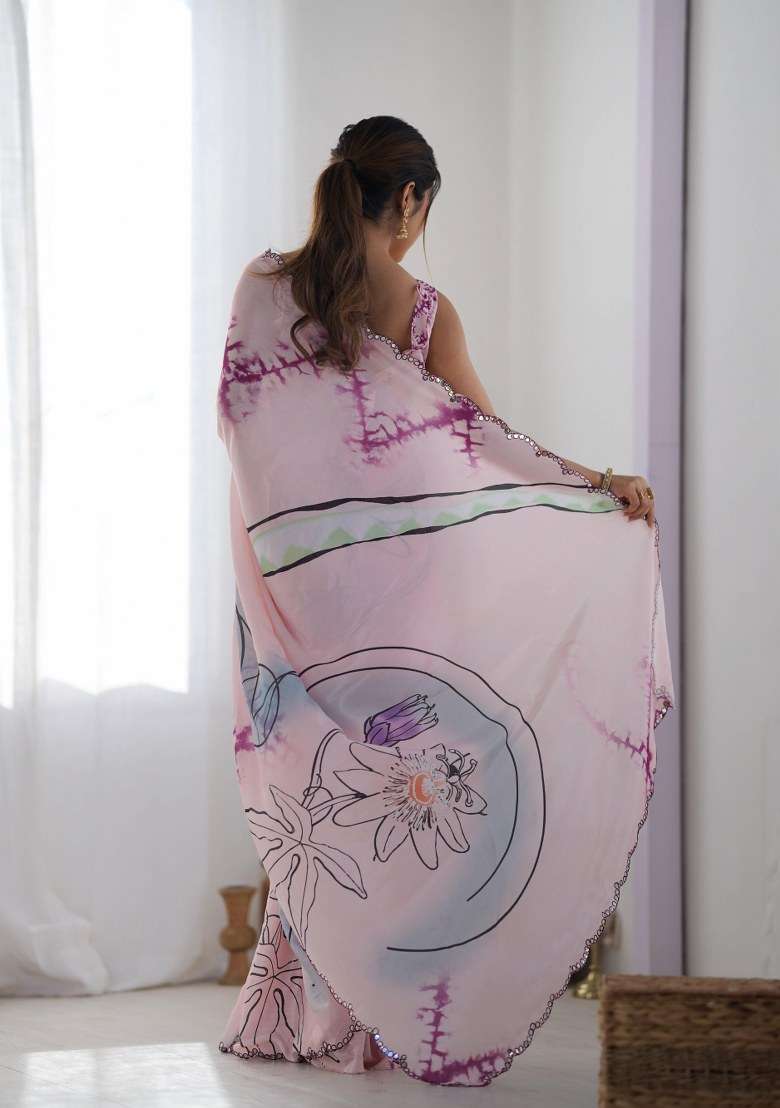 Pink Chinon Saree Set with Printed for Diwali | Wedding & Festive Wear - Indya