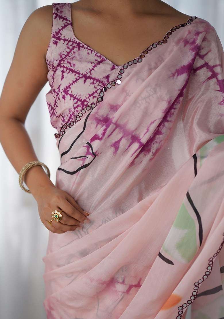 Pink Chinon Saree Set with Printed for Diwali | Wedding & Festive Wear - Indya