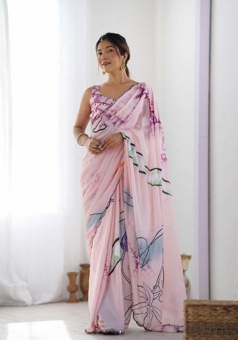 Pink Printed Chinon Saree Set
