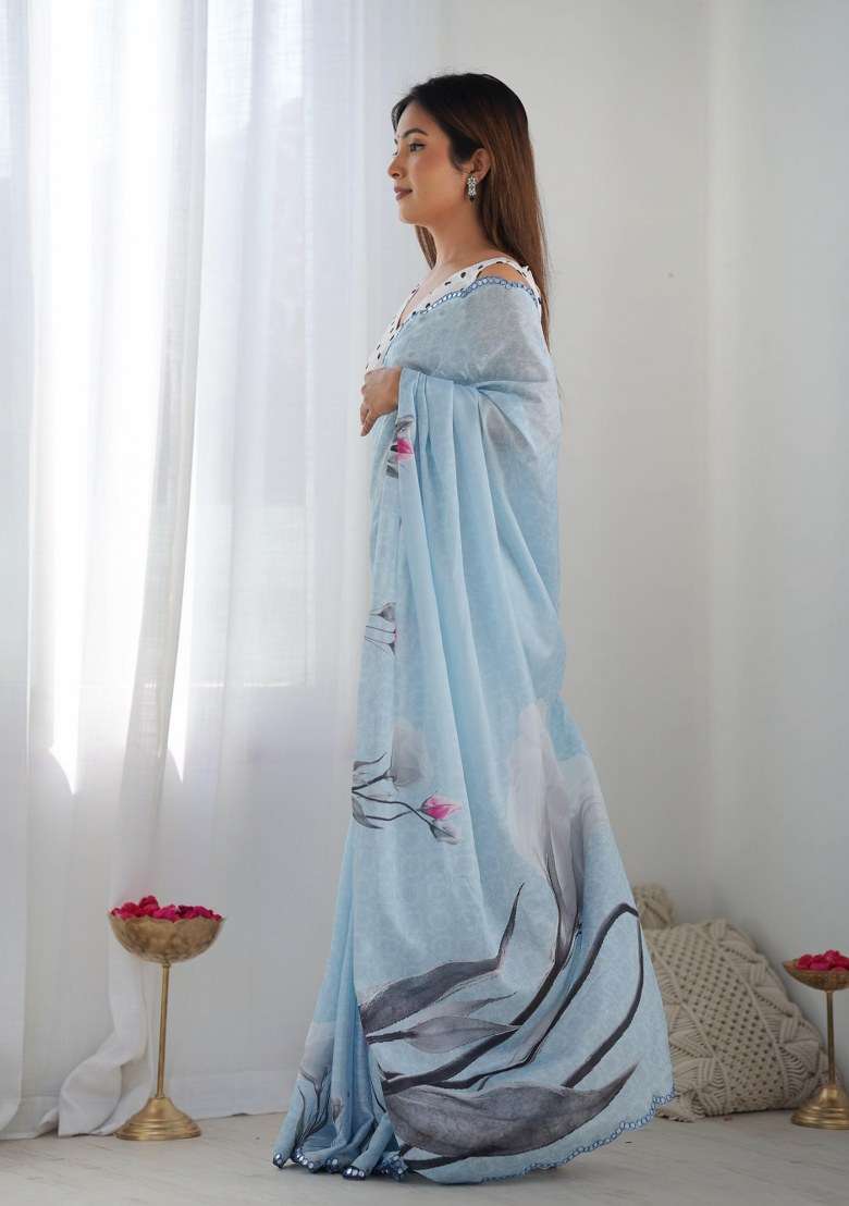 Sky Blue Chinon Saree Set with Printed for Diwali | Wedding & Festive Wear - Indya