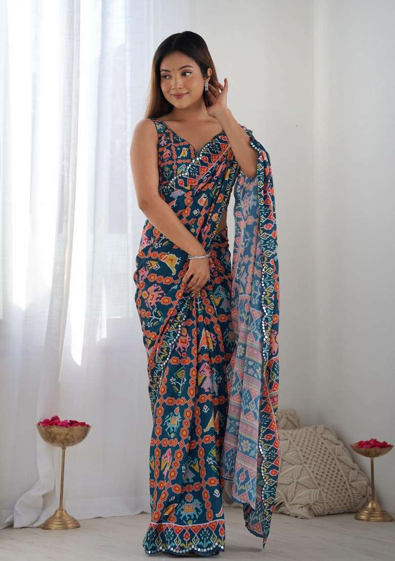 Multicolor Printed Chinon Saree Set for Diwali and Festive Wear - Indya