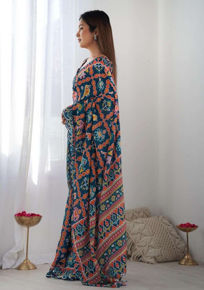 Multicolor Printed Chinon Saree Set for Diwali and Festive Wear - Indya