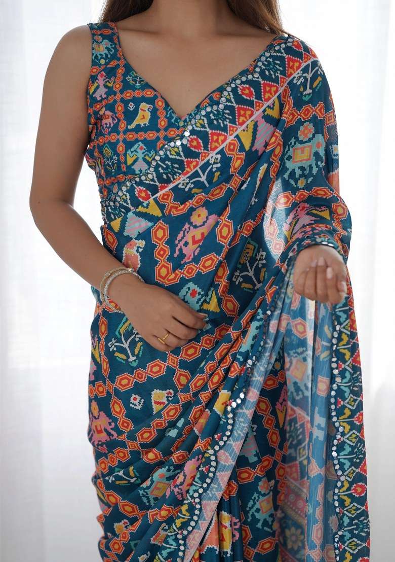 Multicolor Printed Chinon Saree Set for Diwali and Festive Wear - Indya
