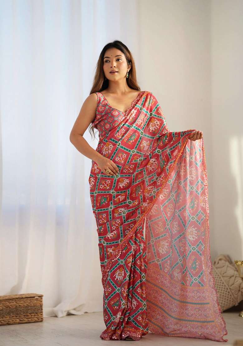 Red Printed Chinon Saree Set for Diwali and Festive Wear - Indya