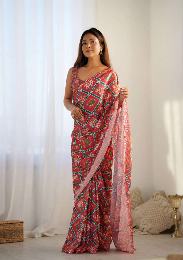 Red Printed Chinon Saree Set for Diwali and Festive Wear - Indya