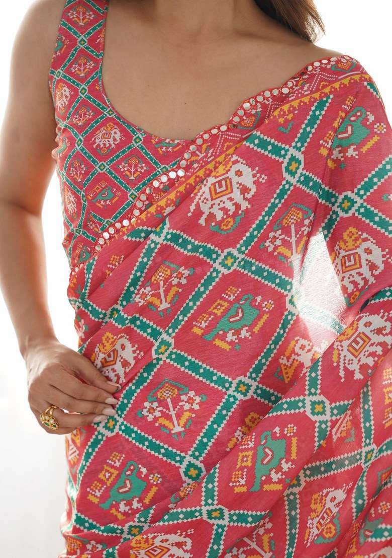 Red Printed Chinon Saree Set for Diwali and Festive Wear - Indya