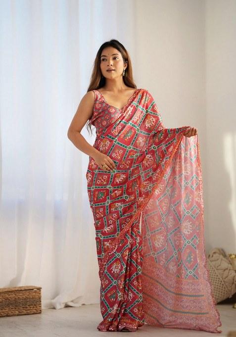 Red Printed Chinon Saree Set