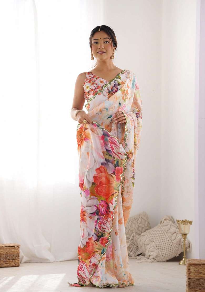 White Chinon Saree Set with Printed for Diwali | Wedding & Festive Wear - Indya