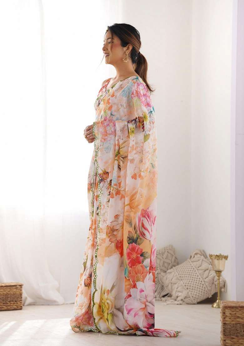 White Chinon Saree Set with Printed for Diwali | Wedding & Festive Wear - Indya