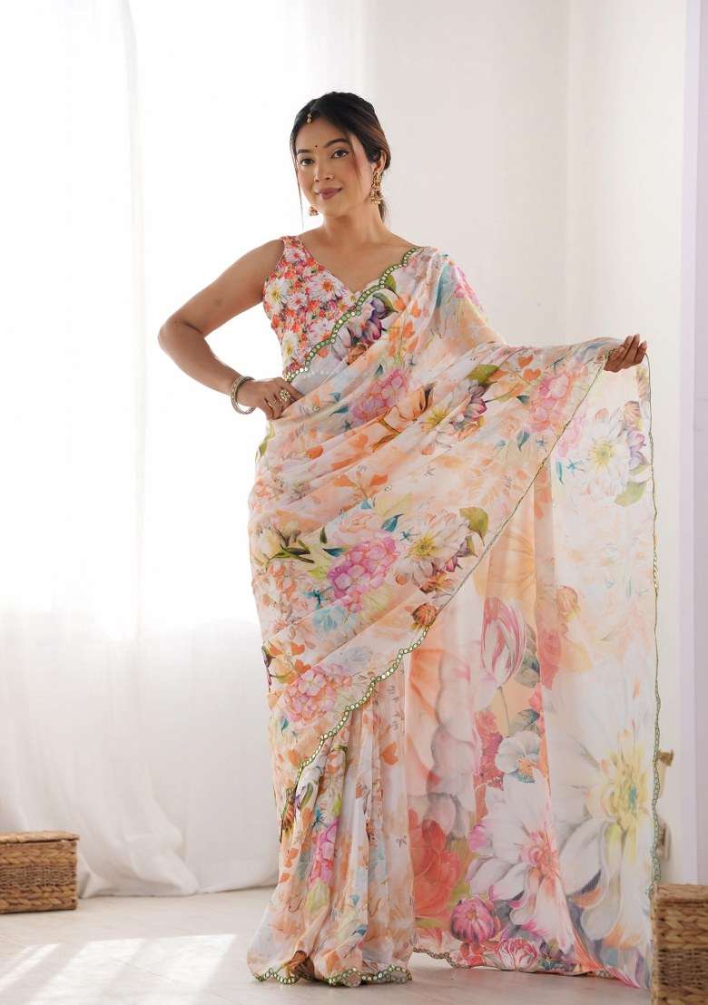 White Chinon Saree Set with Printed for Diwali | Wedding & Festive Wear - Indya
