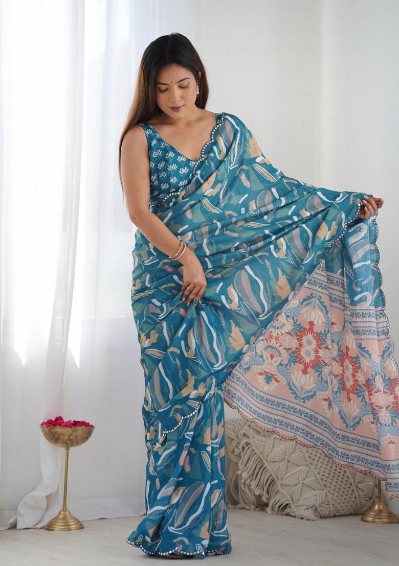 Blue Printed Chinon Saree Set - Indya