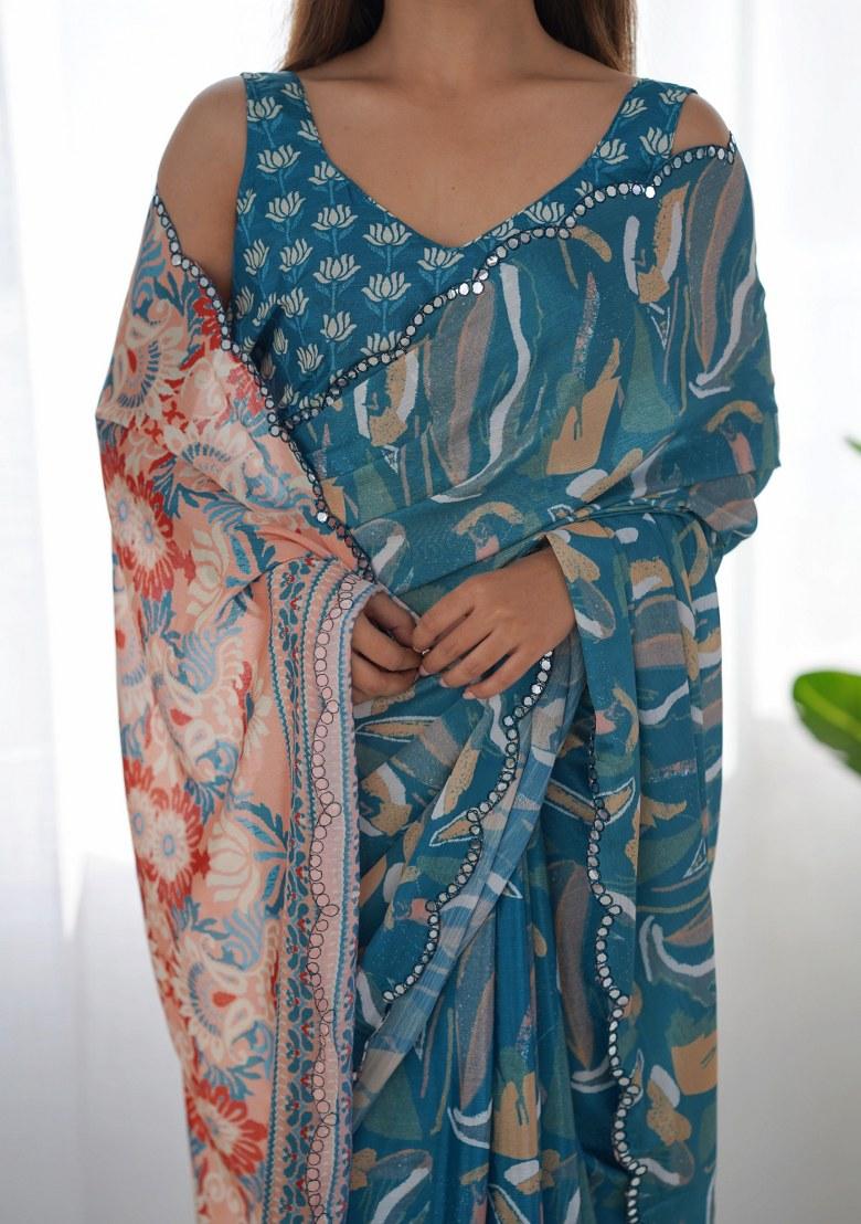 Blue Printed Chinon Saree Set - Indya