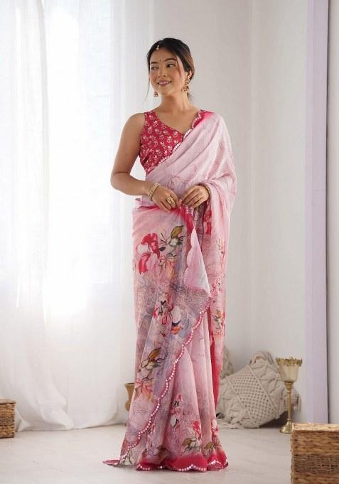 Light Pink Printed Chinon Saree Set