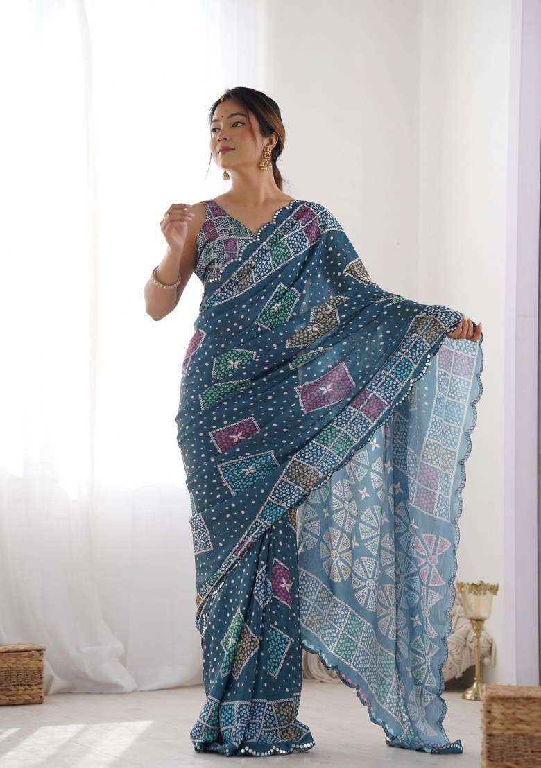 Petrol Blue Printed Chinon Saree Set for Diwali and Festive Wear - Indya