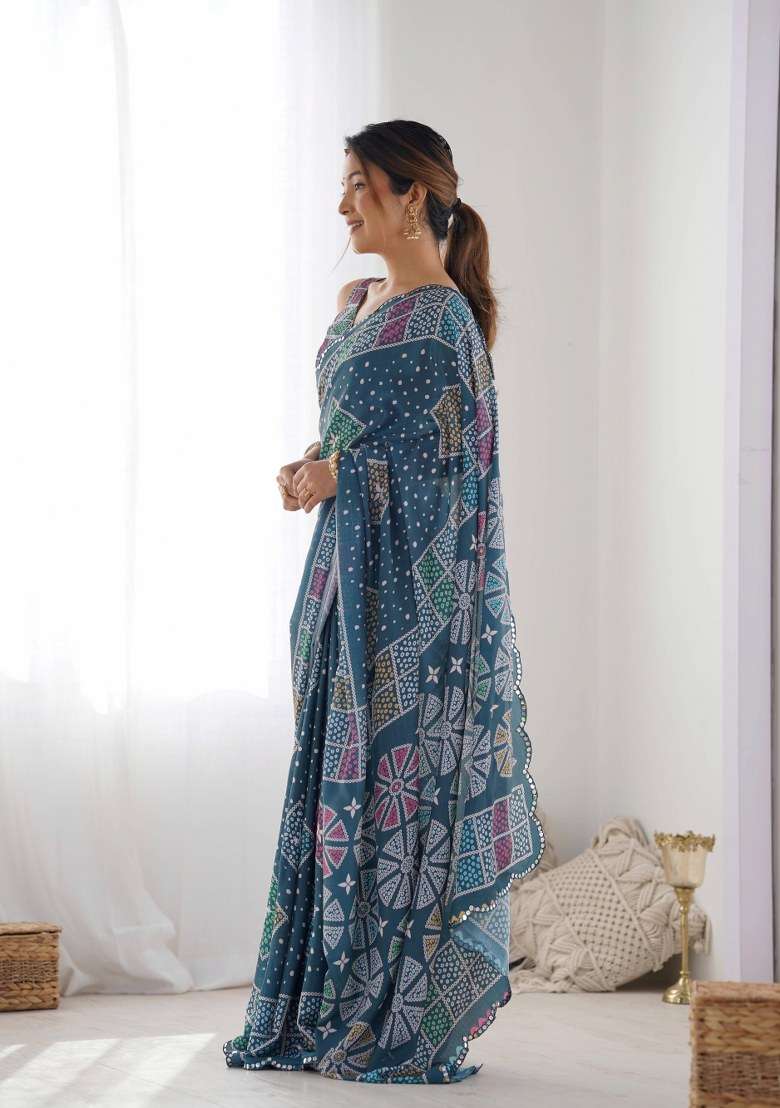 Petrol Blue Printed Chinon Saree Set for Diwali and Festive Wear - Indya