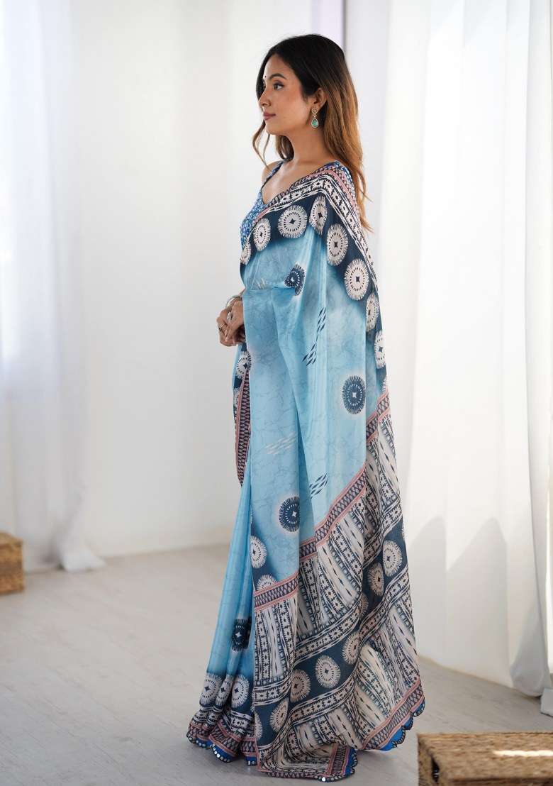 Multicolor Chinon Saree Set with Printed for Diwali | Wedding & Festive Wear - Indya