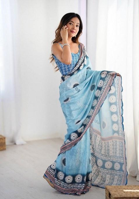 Multicolor Printed Chinon Saree Set