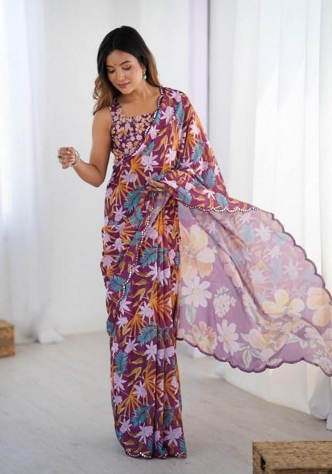 Multicolor Printed Chinon Saree Set