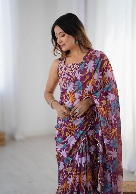 Multicolor Printed Chinon Saree Set