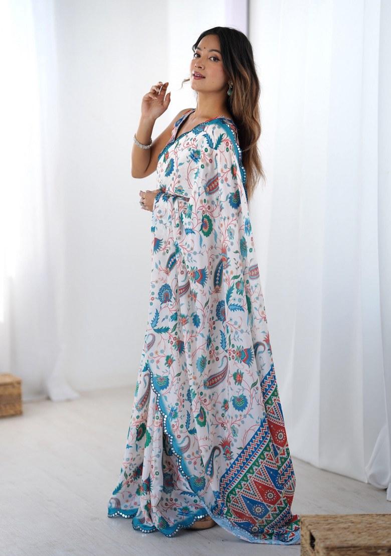 Multicolor Printed Chinon Saree Set