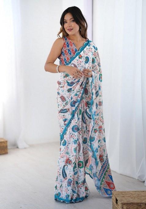 Multicolor Printed Chinon Saree Set