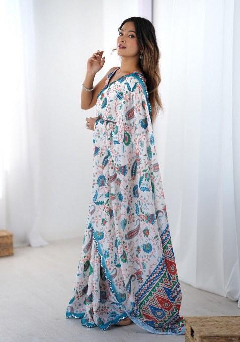 Multicolor Printed Chinon Saree Set