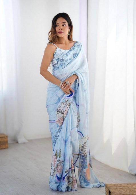 Multicolor Printed Chinon Saree Set