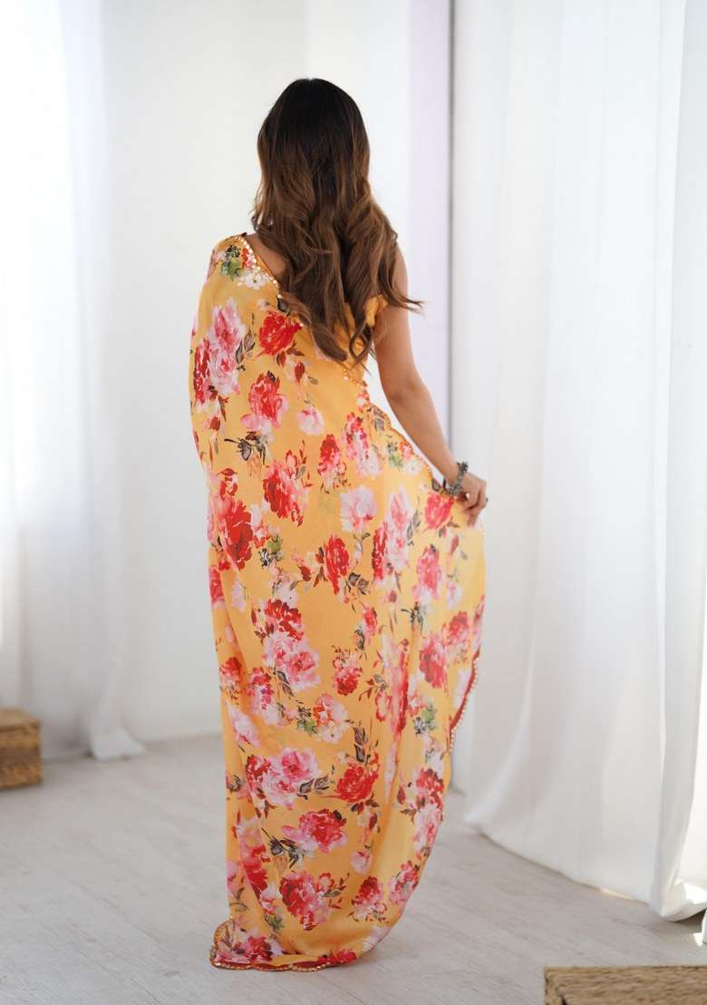 Multicolor Printed Chinon Saree Set for Diwali and Festive Wear - Indya