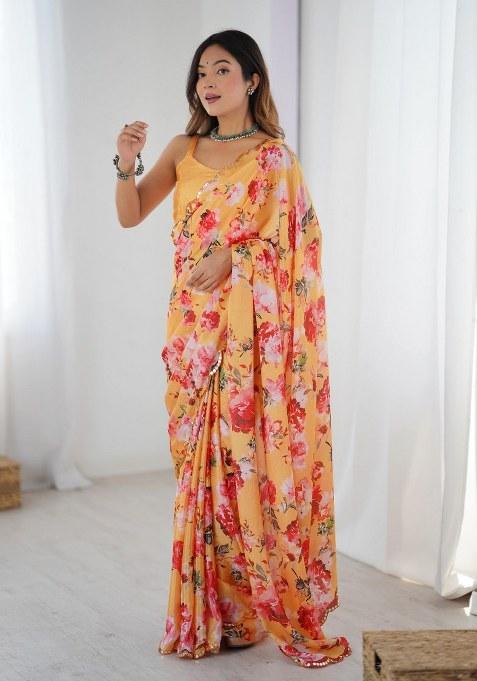 Multicolor Printed Chinon Saree Set