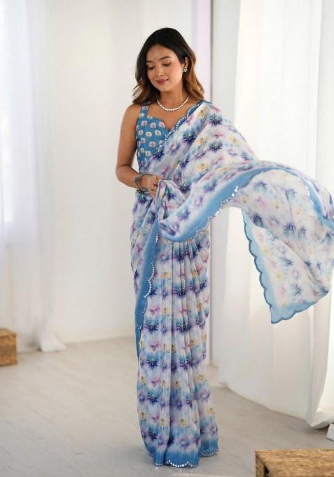 Multicolor Printed Chinon Saree Set