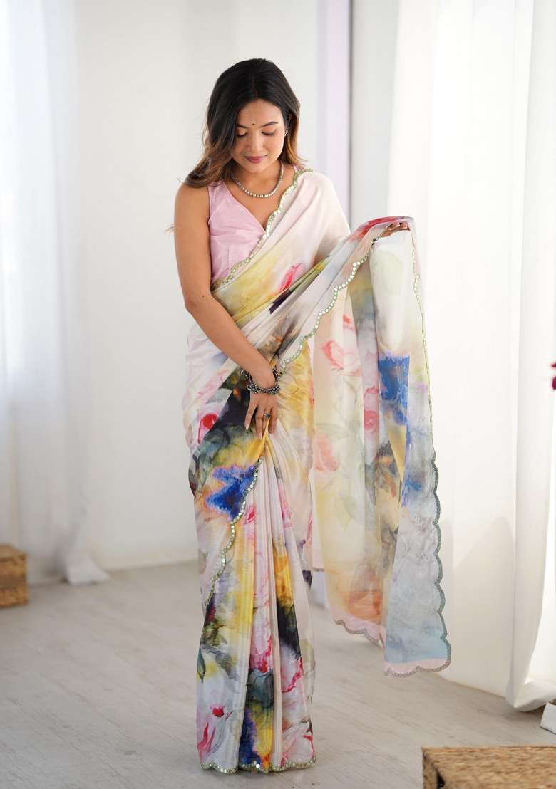 Multicolor Printed Chinon Saree Set for Diwali and Festive Wear - Indya