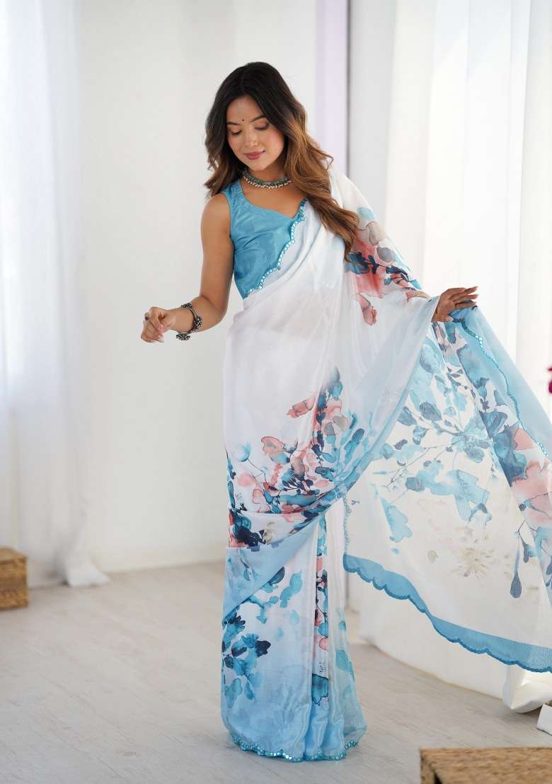 Multicolor Chinon Saree Set with Printed for Diwali | Wedding & Festive Wear - Indya