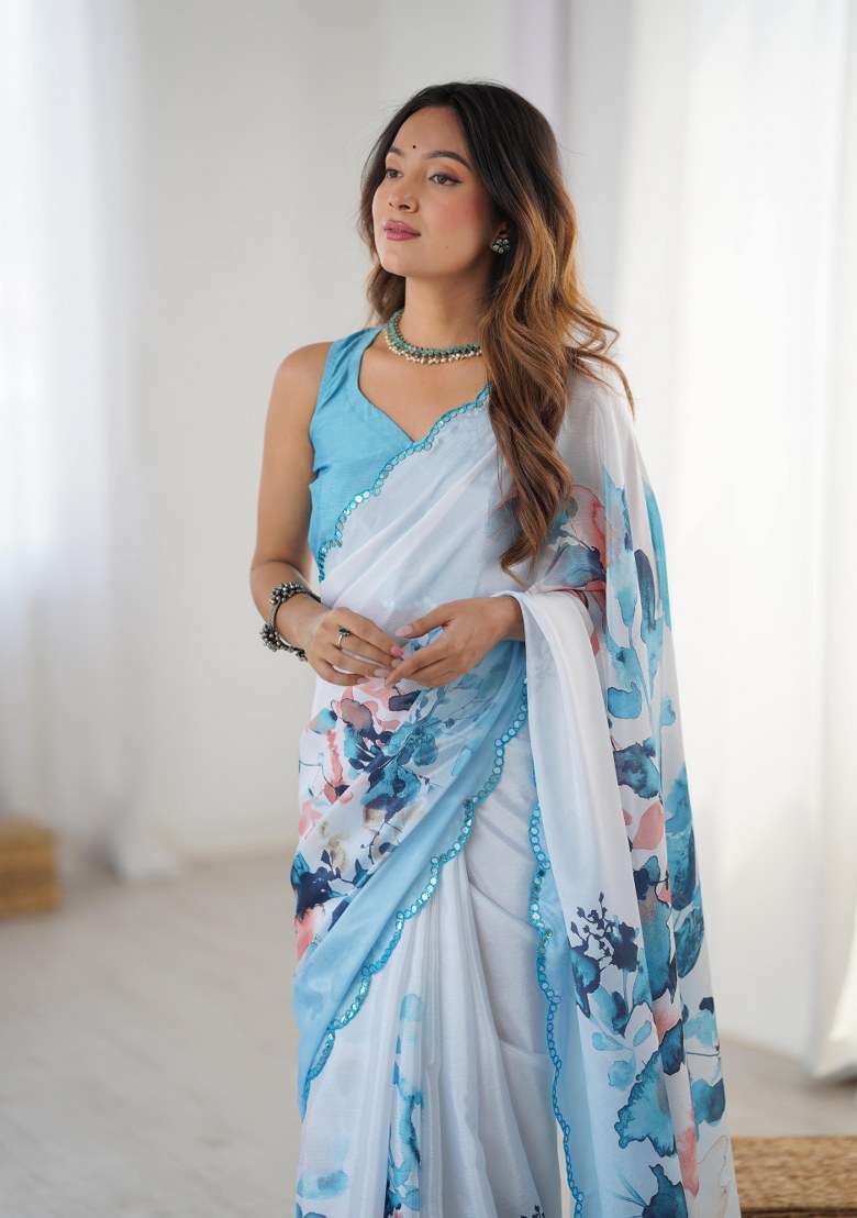 Multicolor Chinon Saree Set with Printed for Diwali | Wedding & Festive Wear - Indya