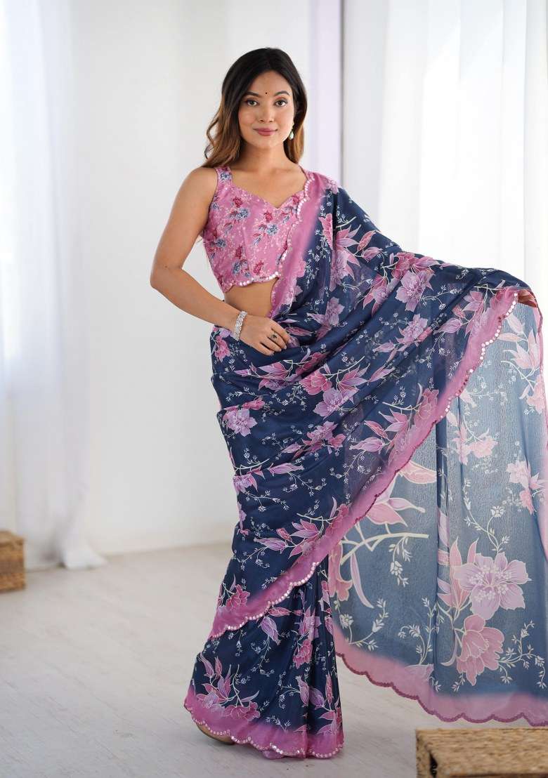 Multicolor Chinon Saree Set with Printed for Diwali | Wedding & Festive Wear - Indya