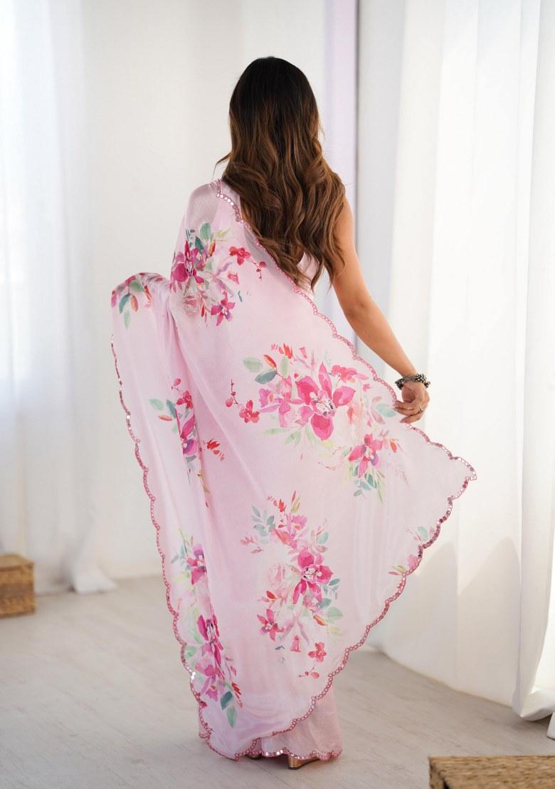 Multicolor Printed Chinon Saree Set