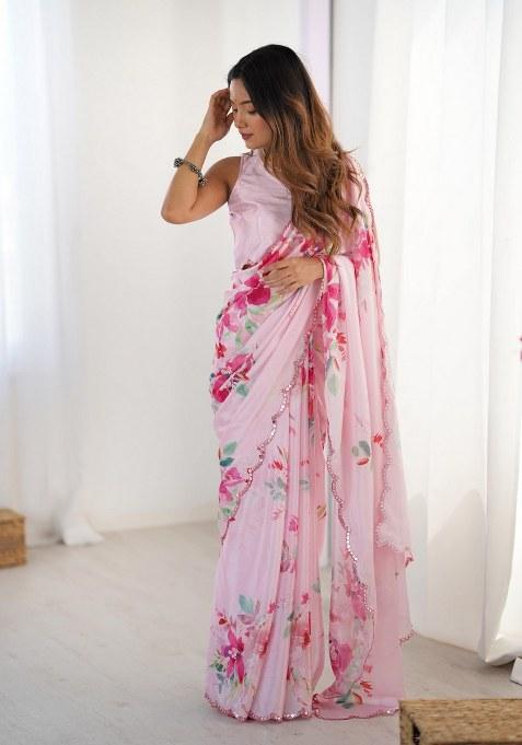 Multicolor Printed Chinon Saree Set